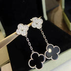 [⭐JeweliWhal]CLOVER 2 MOTIFS  DIAMOND ONYX EARRINGS SILVER