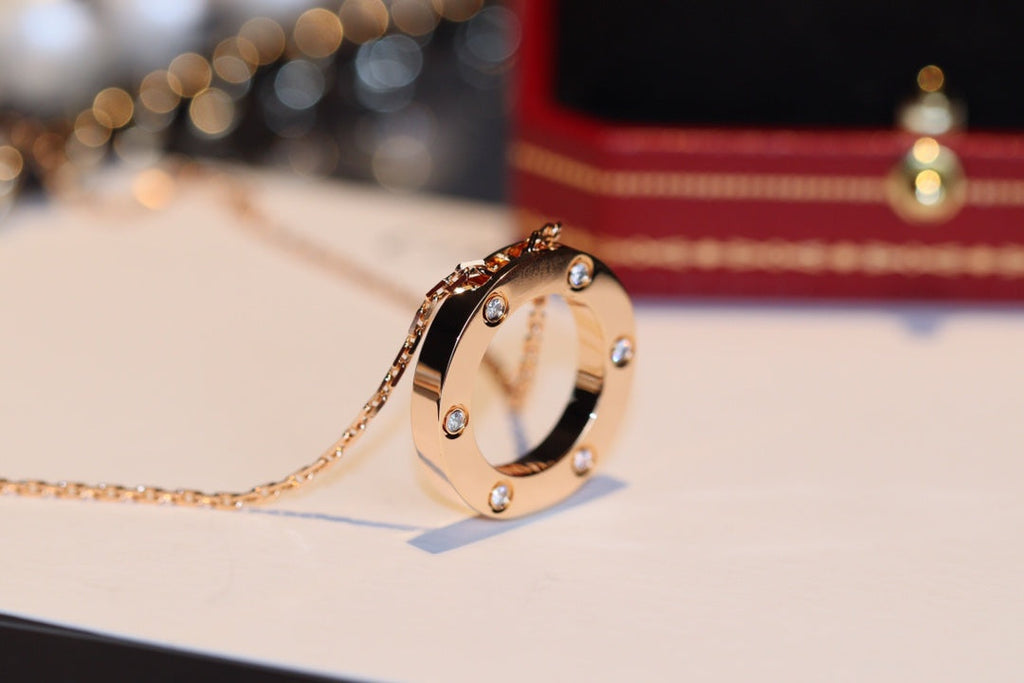 [⭐JeweliWhal]LOVE NECKLACE 16MM 6 DIAMONDS PINK GOLD