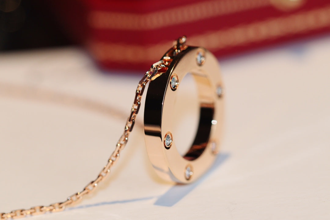 [⭐JeweliWhal]LOVE NECKLACE 16MM 6 DIAMONDS PINK GOLD