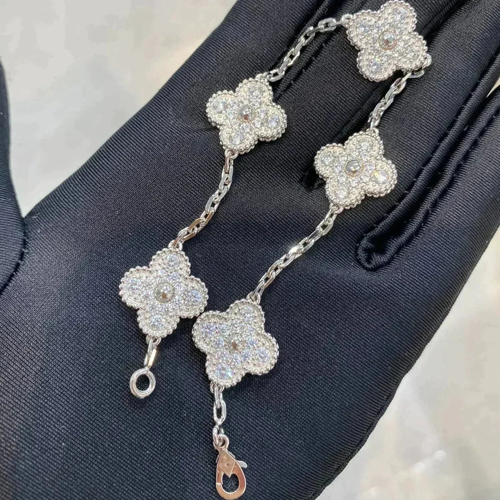[⭐JeweliWhal] مجموعة سوار CLOVER 5 MOTIF المرصعة بالماس بالكامل