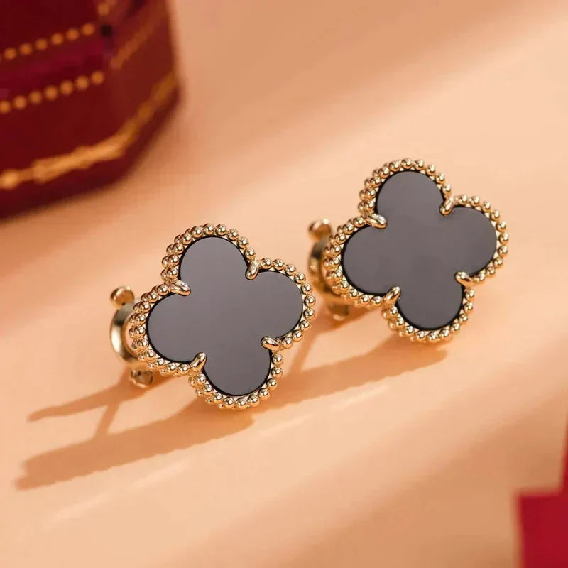 [⭐JeweliWhal]CLOVER MEDIUM 1 MOTIFS  ONYX STUD EARRINGS