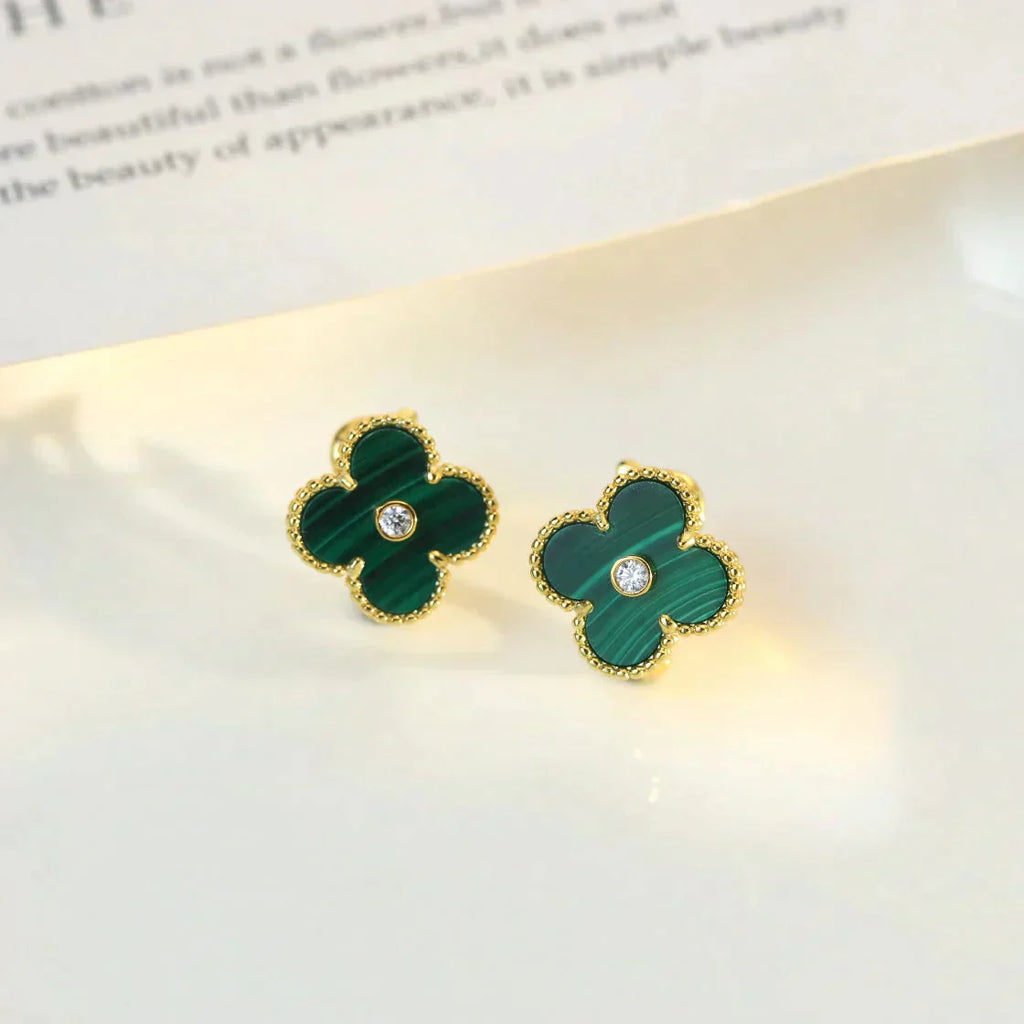 [⭐JeweliWhal]CLOVER MEDIUM 1 MOTIFS MALACHITE DIAMOND EARRINGS