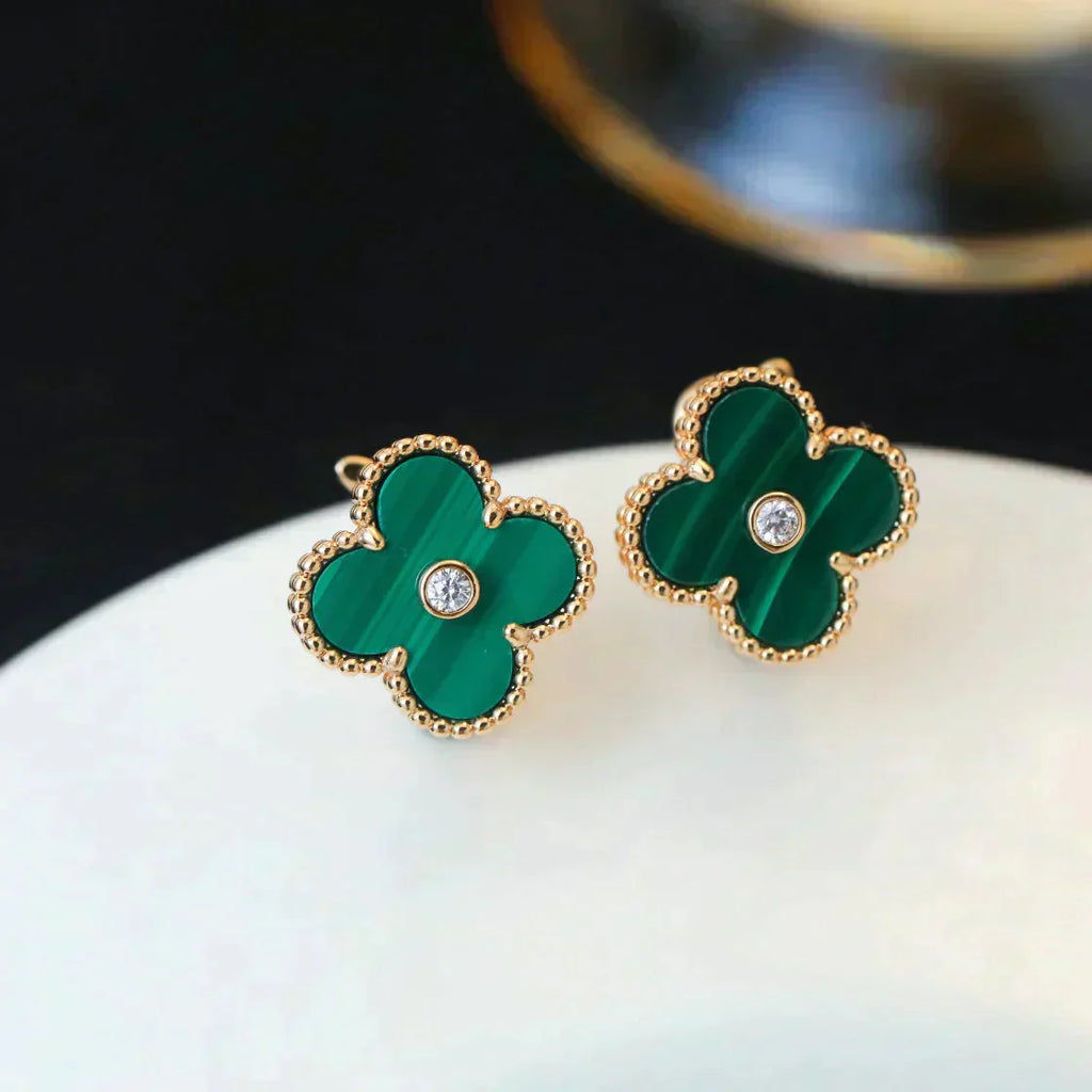 [⭐JeweliWhal]CLOVER MEDIUM 1 MOTIFS MALACHITE DIAMOND EARRINGS