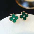 [⭐JeweliWhal]CLOVER MEDIUM 1 MOTIFS MALACHITE DIAMOND EARRINGS