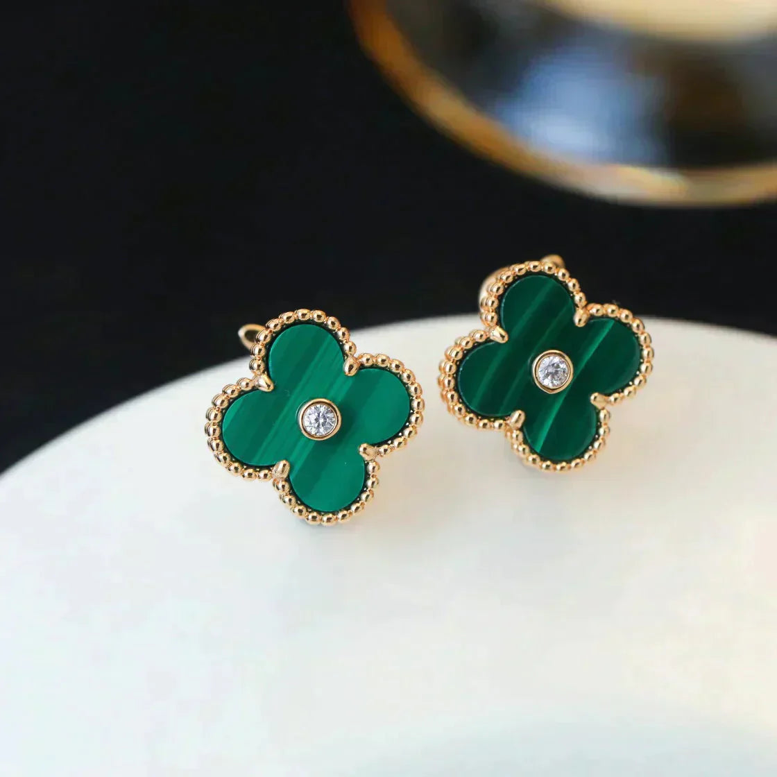 [⭐JeweliWhal]CLOVER MEDIUM 1 MOTIFS MALACHITE DIAMOND EARRINGS