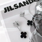 [⭐JeweliWhal]CLOVER 2 MOTIFS  DIAMOND ONYX EARRINGS SILVER