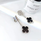 [⭐JeweliWhal]CLOVER 2 MOTIFS  DIAMOND ONYX EARRINGS SILVER