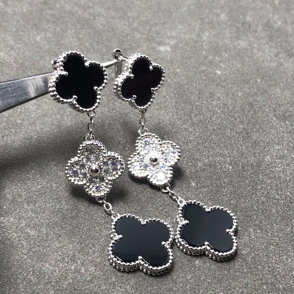 [⭐JeweliWhal]CLOVER 3 MOTIF DIAMOND ONYX SILVER EARRINGS