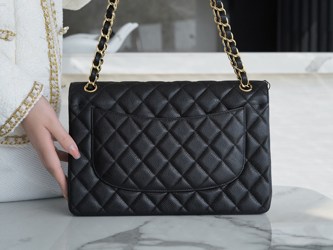 フラップバッグ ジャンボ 30cm ゴールド金具 ブラックキャビア