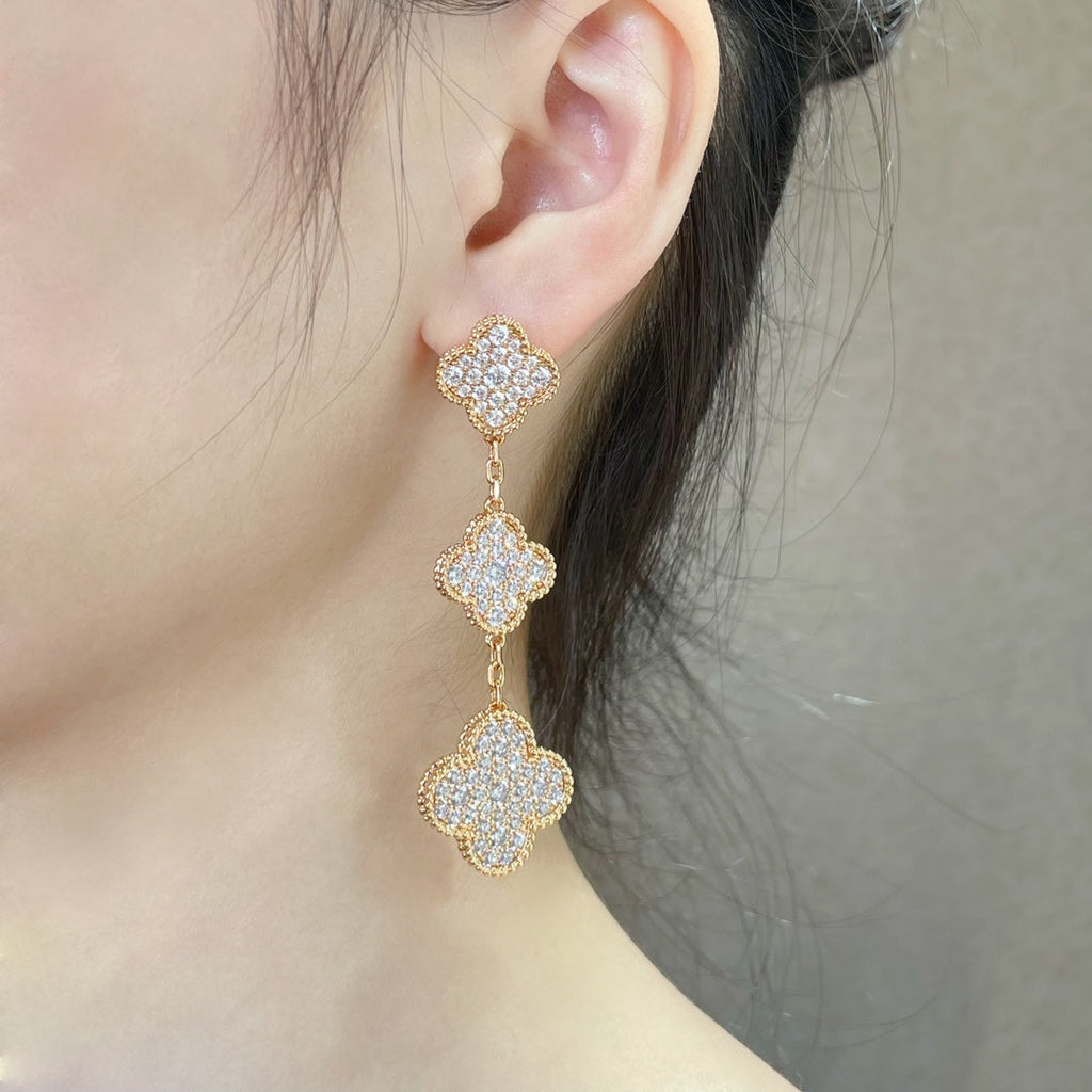 [⭐JeweliWhal]CLOVER 3 MOTIFS DIAMOND PAVED ROSE GOLD EARRINGS