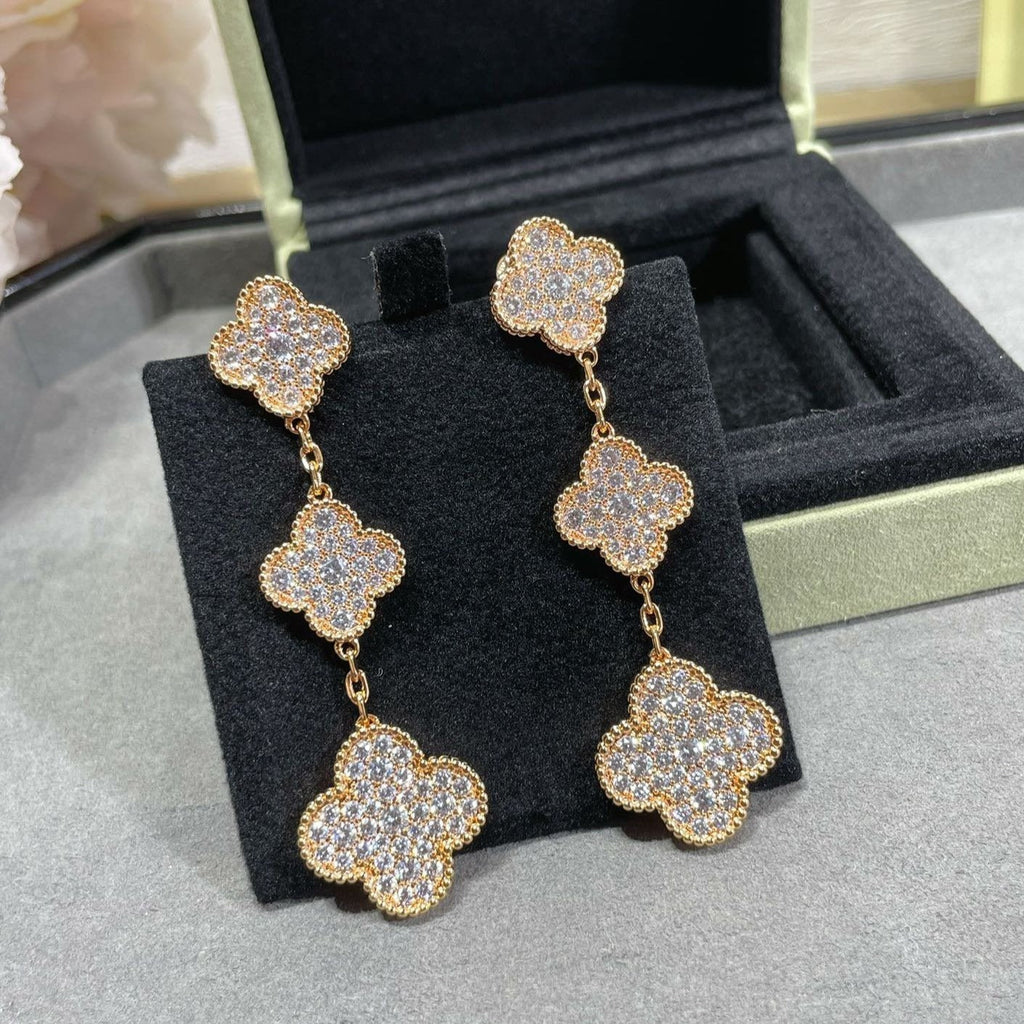 [⭐JeweliWhal]CLOVER 3 MOTIFS DIAMOND PAVED ROSE GOLD EARRINGS