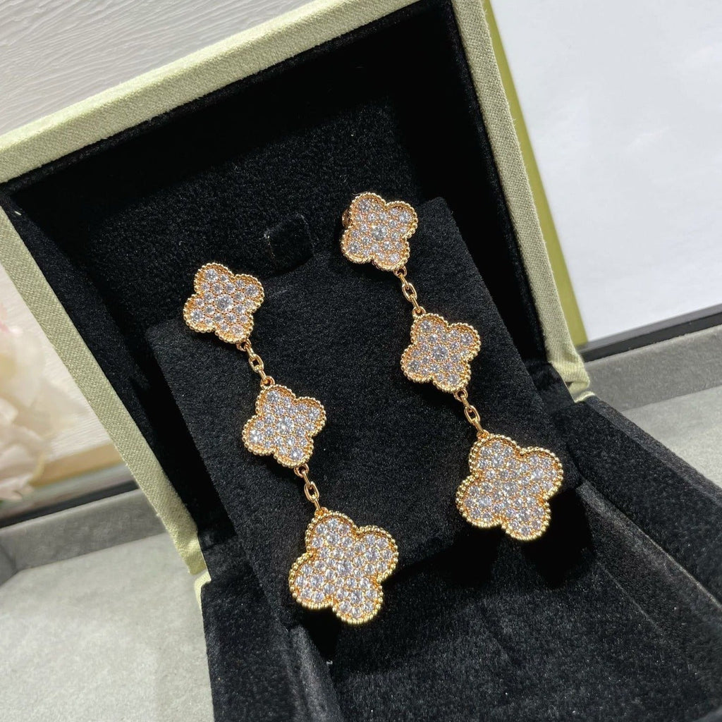[⭐JeweliWhal]CLOVER 3 MOTIFS DIAMOND PAVED ROSE GOLD EARRINGS