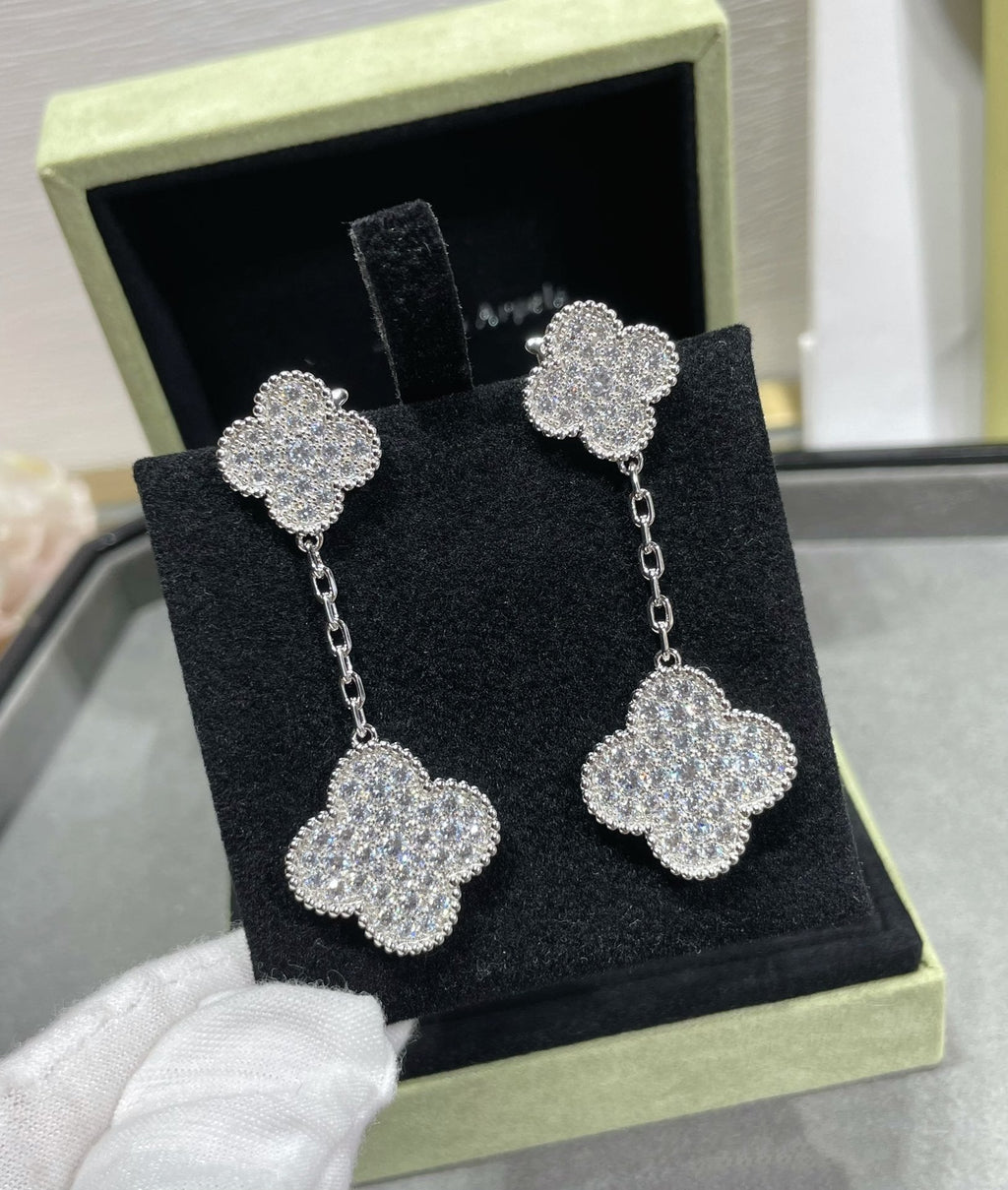 [⭐JeweliWhal]CLOVER 2 MOTIFS DIAMOND PAVED SILVER EARRINGS