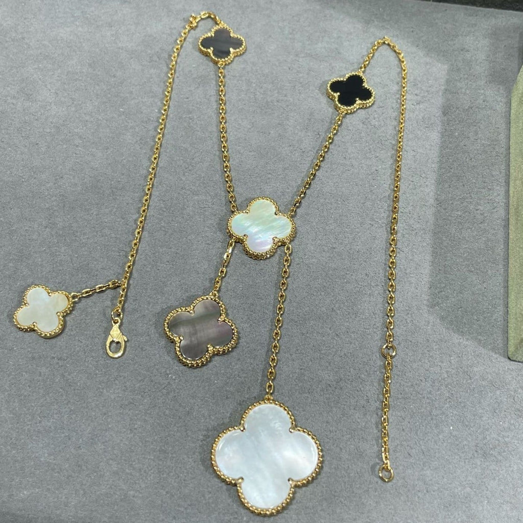 [⭐JeweliWhal]CLOVER 6 MOTIF MOP ONYX GOLD NECKLACE