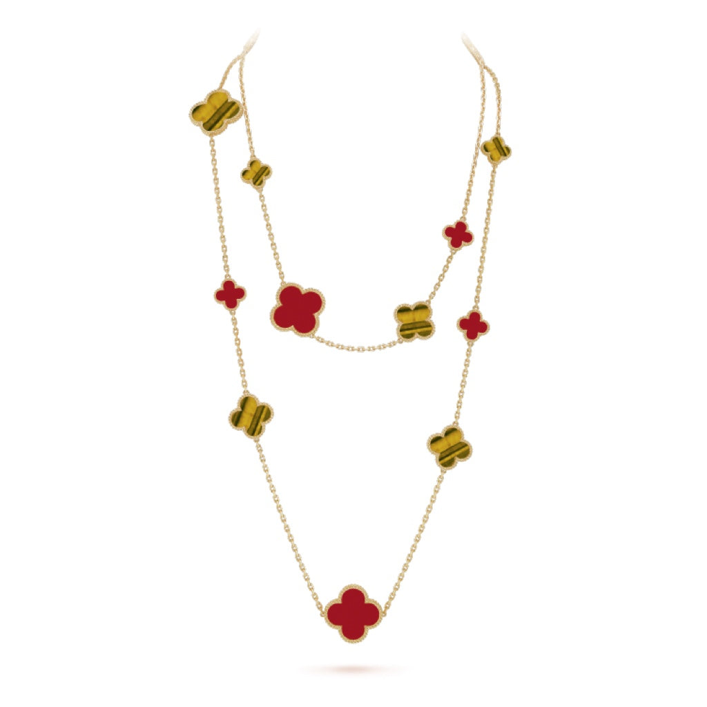 [⭐JeweliWhal] قلادة CLOVER 16 MOTIF CARNELIAN TIGER EYE من الذهب الوردي
