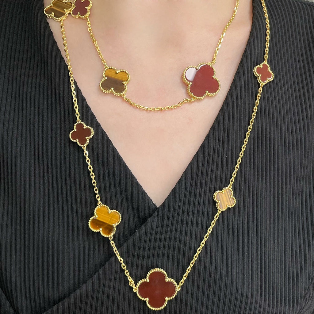 [⭐JeweliWhal] قلادة CLOVER 16 MOTIF CARNELIAN TIGER EYE من الذهب الوردي