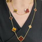 [⭐JeweliWhal] قلادة CLOVER 16 MOTIF CARNELIAN TIGER EYE من الذهب الوردي