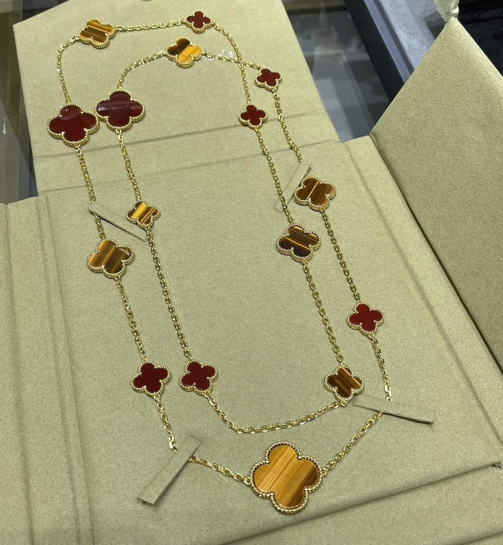 [⭐JeweliWhal] قلادة CLOVER 16 MOTIF CARNELIAN TIGER EYE من الذهب الوردي