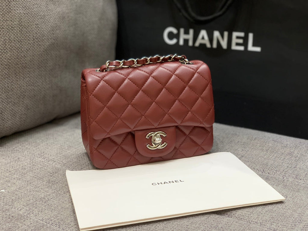 MINI SQUARE FLAP BAG 17CM BURGUNDY LAMBSKIN SILVER HARDWARE