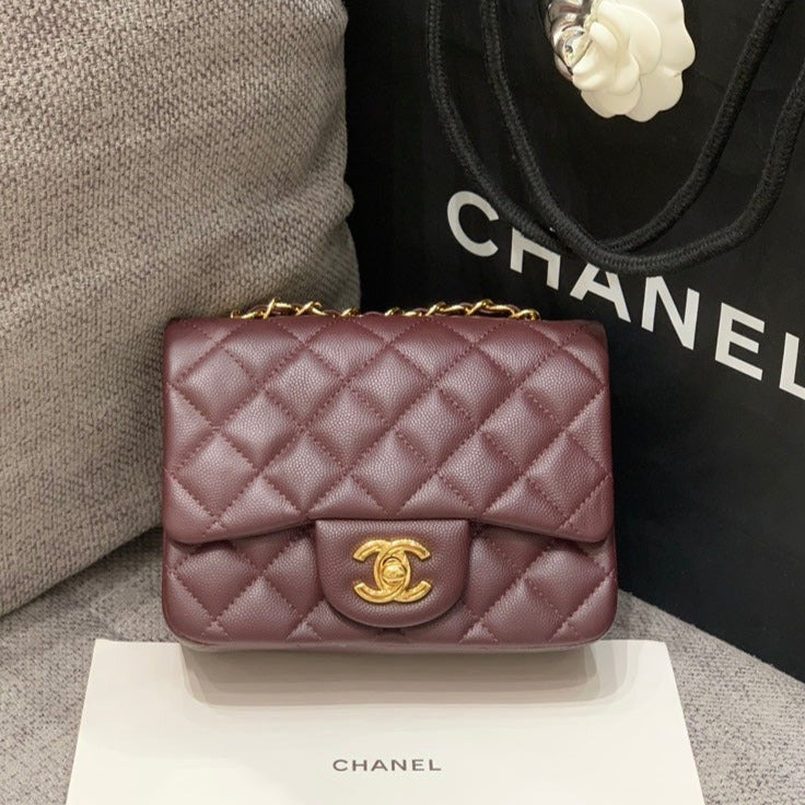 ミニスクエアフラップバッグ 17cm チョコレートキャビア ゴールド金具