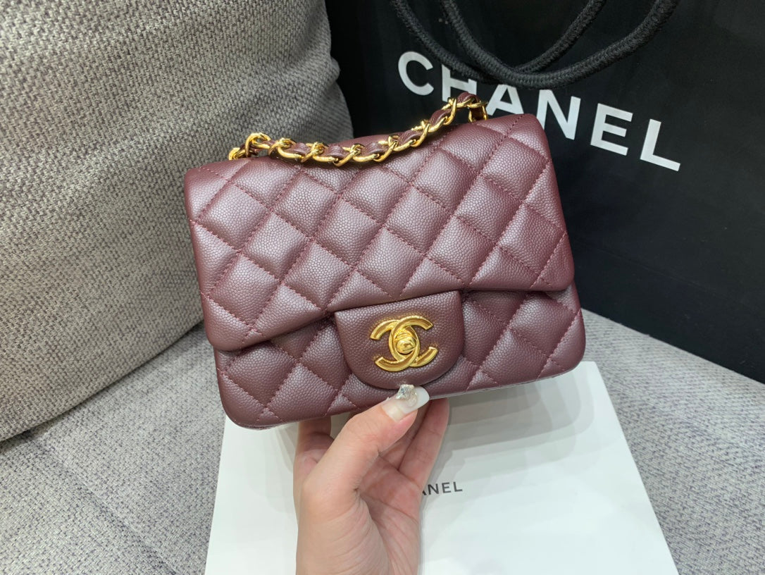 ミニスクエアフラップバッグ 17cm チョコレートキャビア ゴールド金具