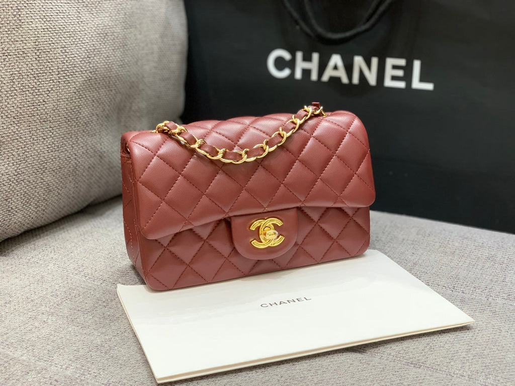 ミニ レクタングル フラップバッグ 20cm バーガンディ ラムスキン ゴールド金具