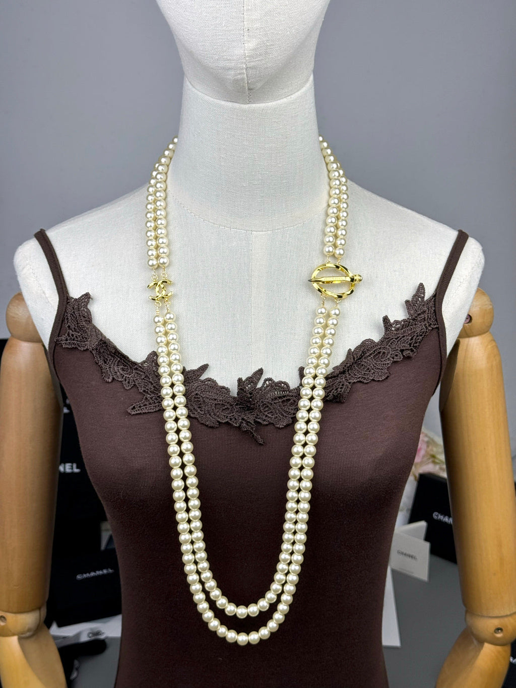 [⭐JeweliWhal]25K ペンシル ダブルC ダブルレイヤー パール セーターチェーン