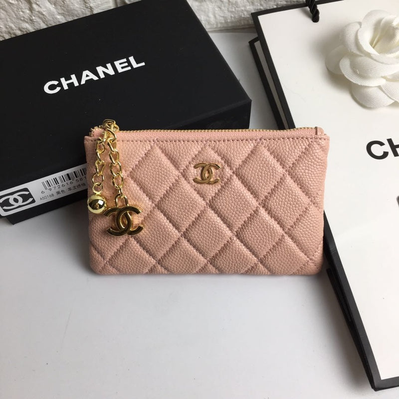 CC クラシック スモール ジップポーチ 15 ペールピンク カーフスキン ゴールド アイコン