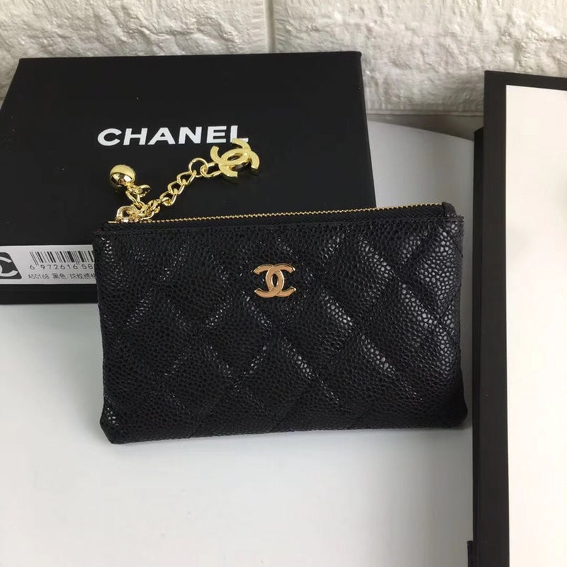 CC クラシック スモール ジップポーチ 15 ブラック カーフスキン ゴールドアイコン