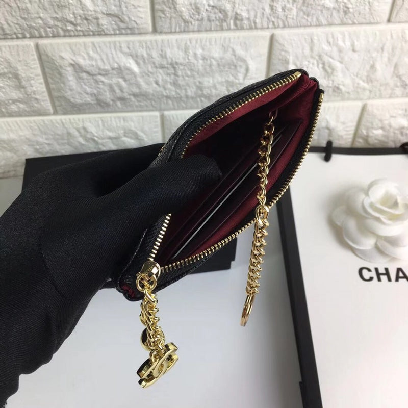 CC クラシック スモール ジップポーチ 15 ブラック カーフスキン ゴールドアイコン