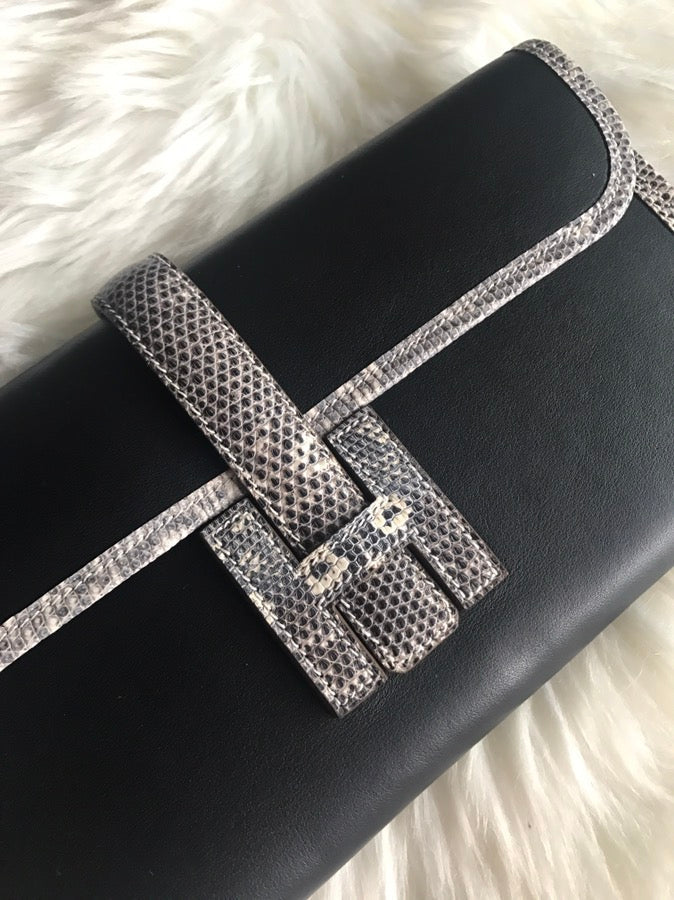 JIGE ELAN 29 クラッチバッグ（ブラックカーフスキン、ホワイトリザードスキン使用）（オーダーメイド）