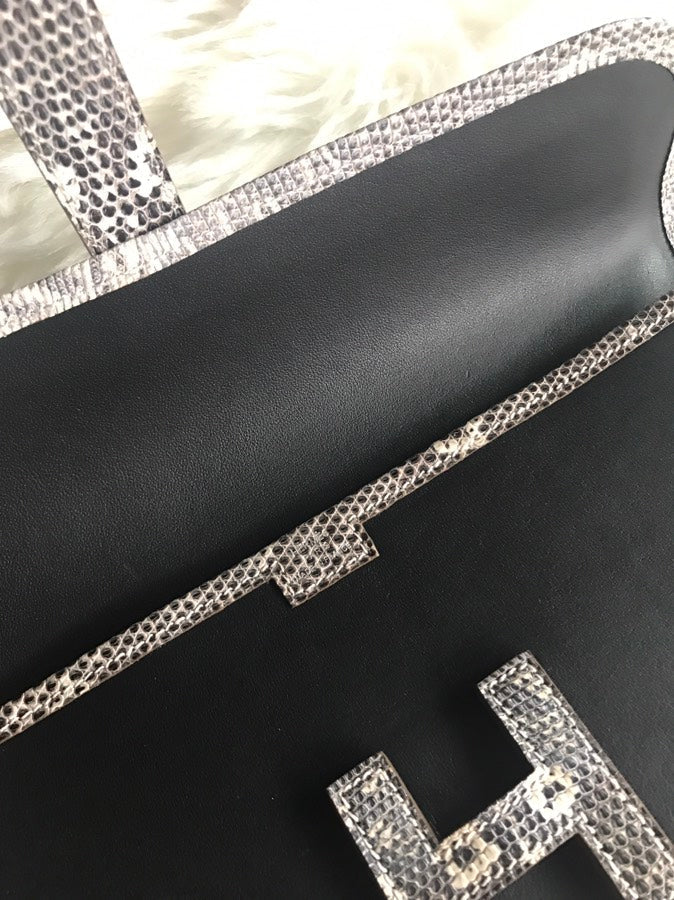 JIGE ELAN 29 クラッチバッグ（ブラックカーフスキン、ホワイトリザードスキン使用）（オーダーメイド）