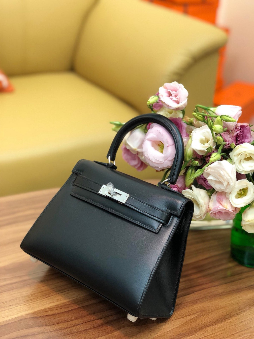 KELLY MINI 20 BAG IN BLACK SMOOTH CALFSKIN WITH SILVER HARDWARE (MADE-TO-ODER)