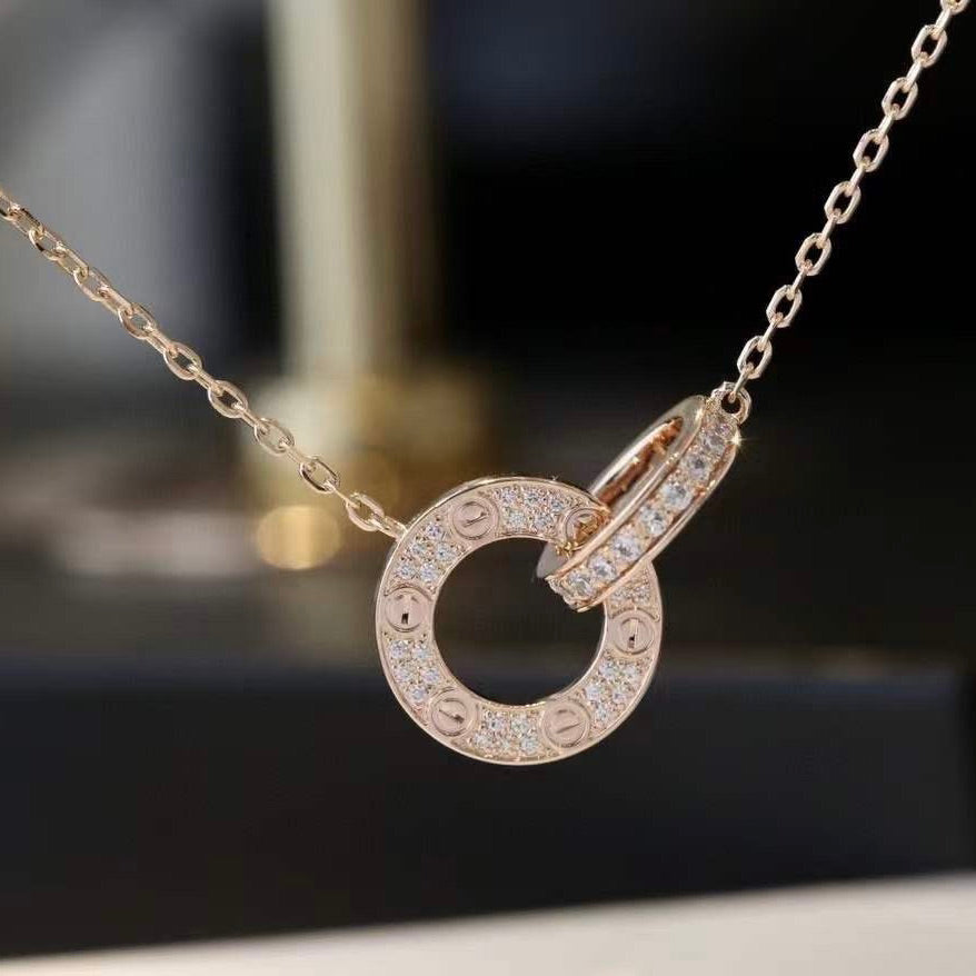 [⭐JeweliWhal]LOVE 7.6MM NECKLACE ROSE GOLD AND SILVER  FULL DIAMOND