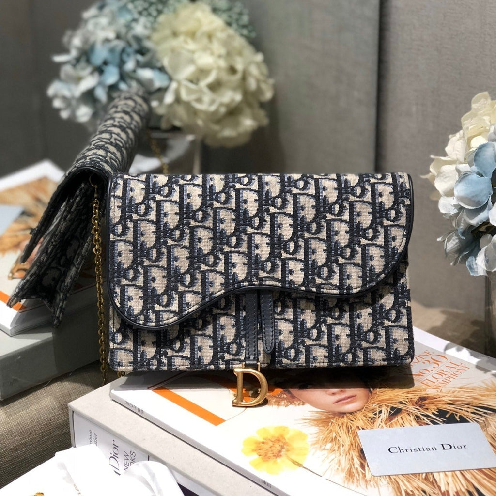 チェーン付きCDサドルポーチ ブルー オブジェ刺繍