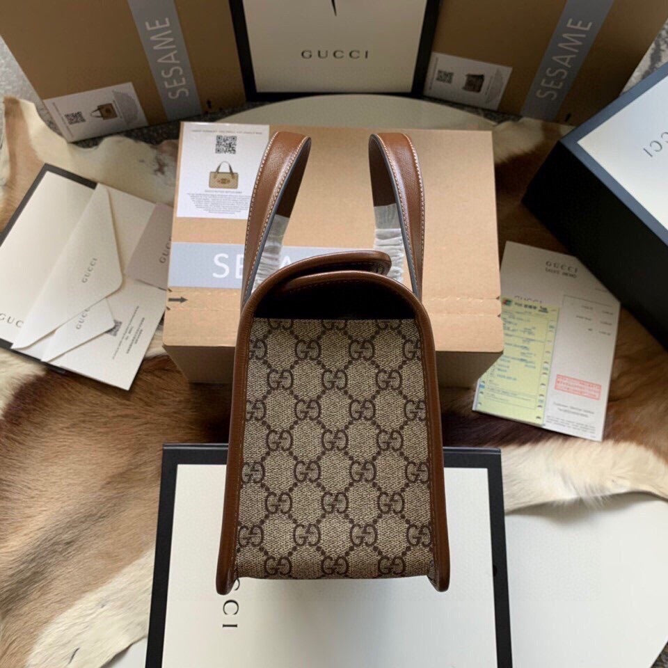 GGホースビット 1955 スモール 27 バッグ（ベージュ キャンバス＆ブラウン カーフスキン）