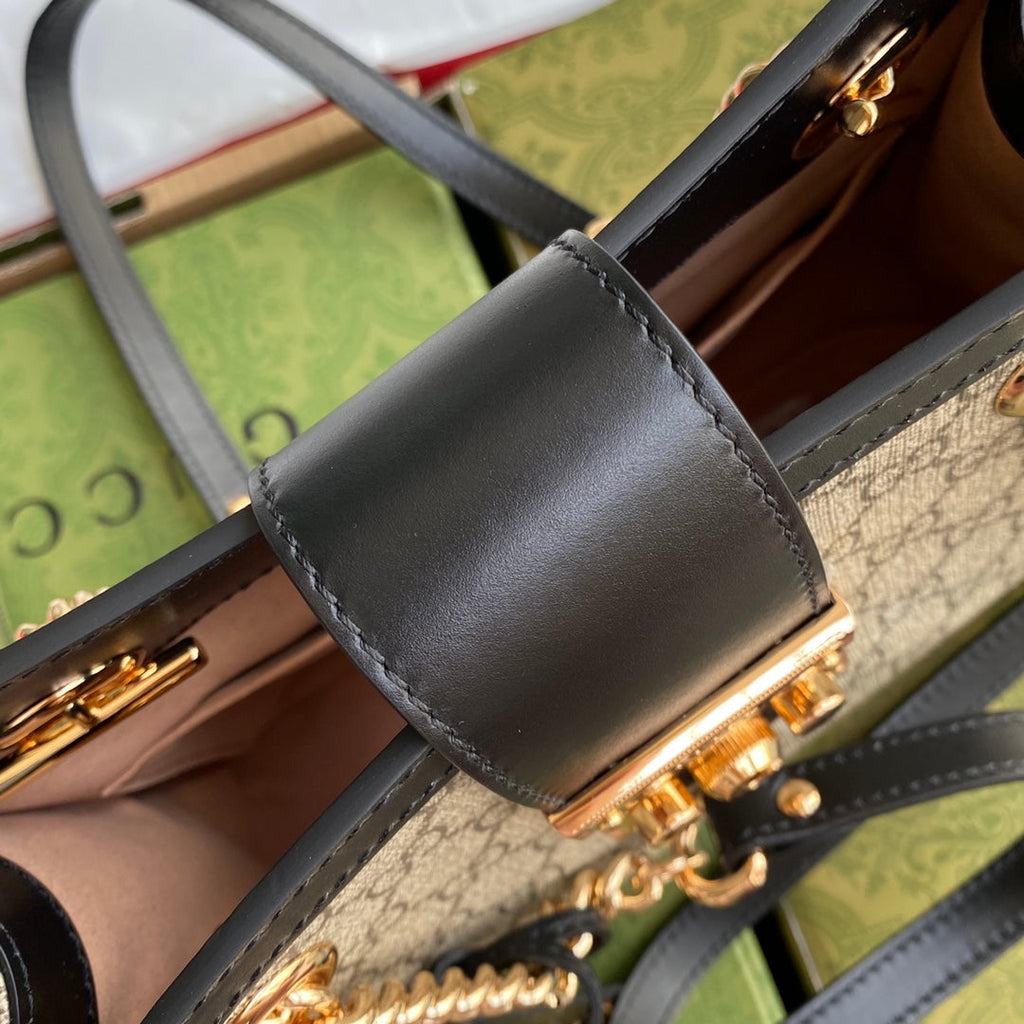 GG PADLOCK MEDIUM 26 SHOULDER BAG BEIGE CANVAS AND BLACK CALFSKIN