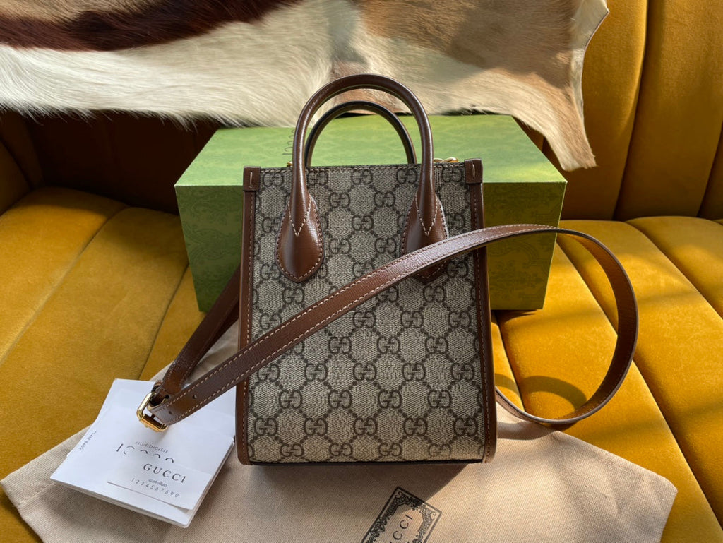 ベージュキャンバスとブラウンカーフスキンのミニトート20バッグ