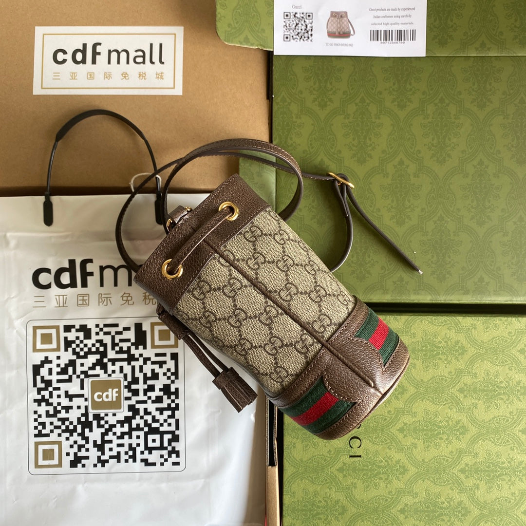 オフィディア ミニ バケットバッグ 18 ウェブ付き ベージュエボニーキャンバス ミックスブラウンカーフスキン