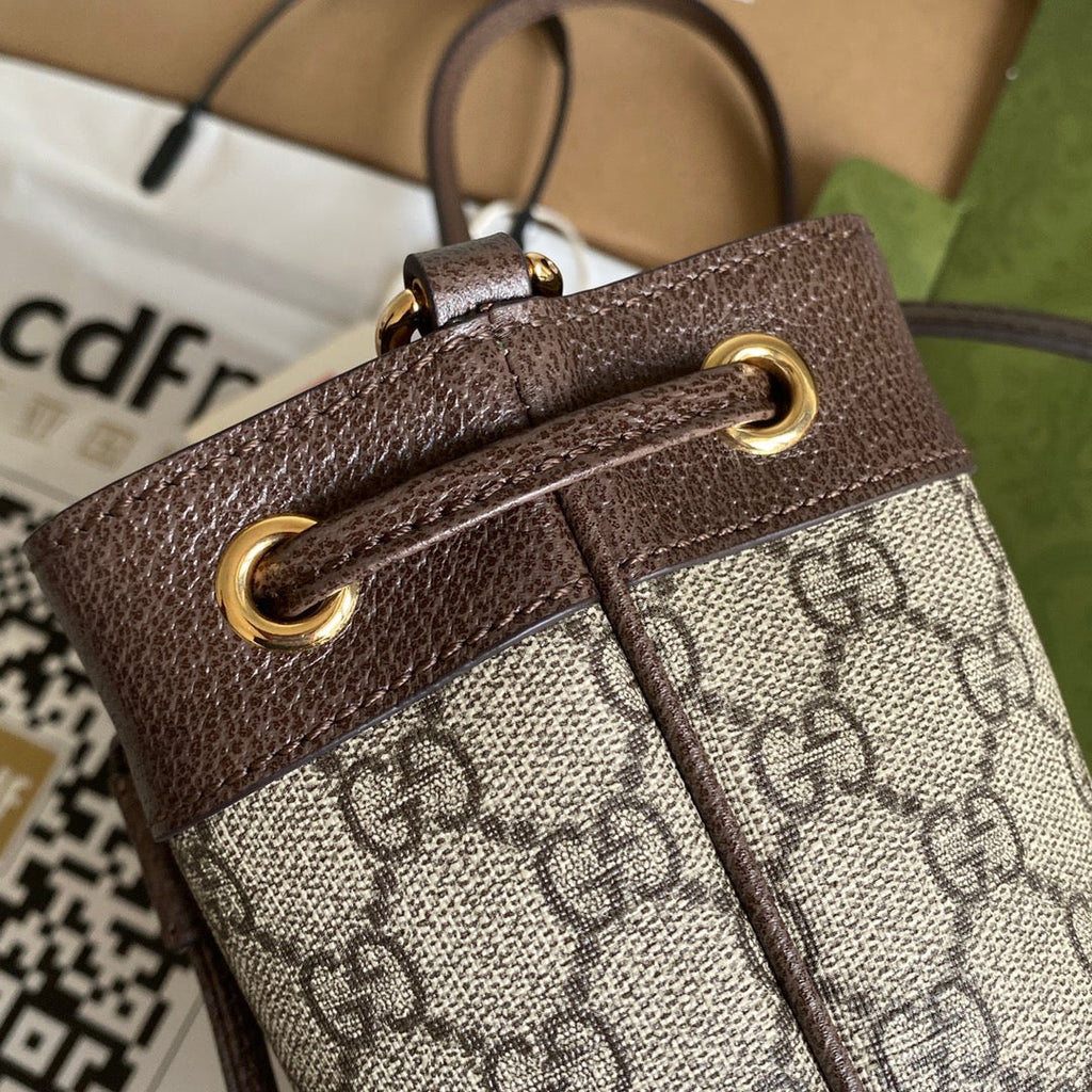 オフィディア ミニ バケットバッグ 18 ウェブ付き ベージュエボニーキャンバス ミックスブラウンカーフスキン