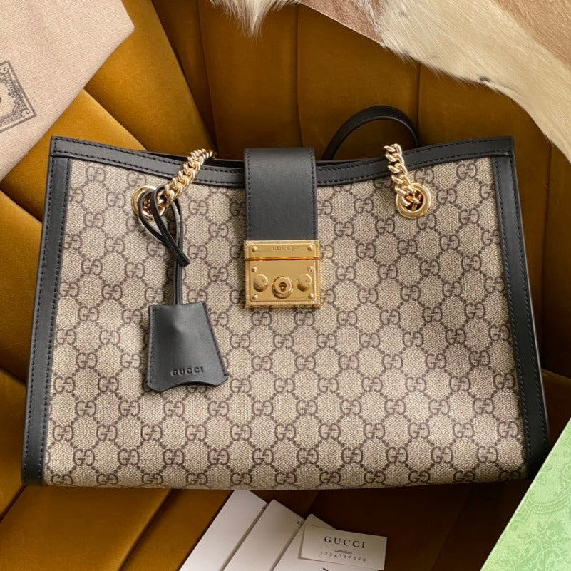 GG パドロック ラージ 35 ショルダーバッグ ベージュ キャンバス＆ブラック カーフスキン