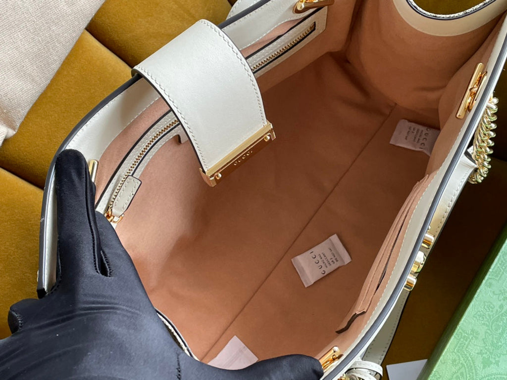 GG パドロック ラージ 35 ショルダーバッグ ベージュ キャンバス＆ホワイト カーフスキン