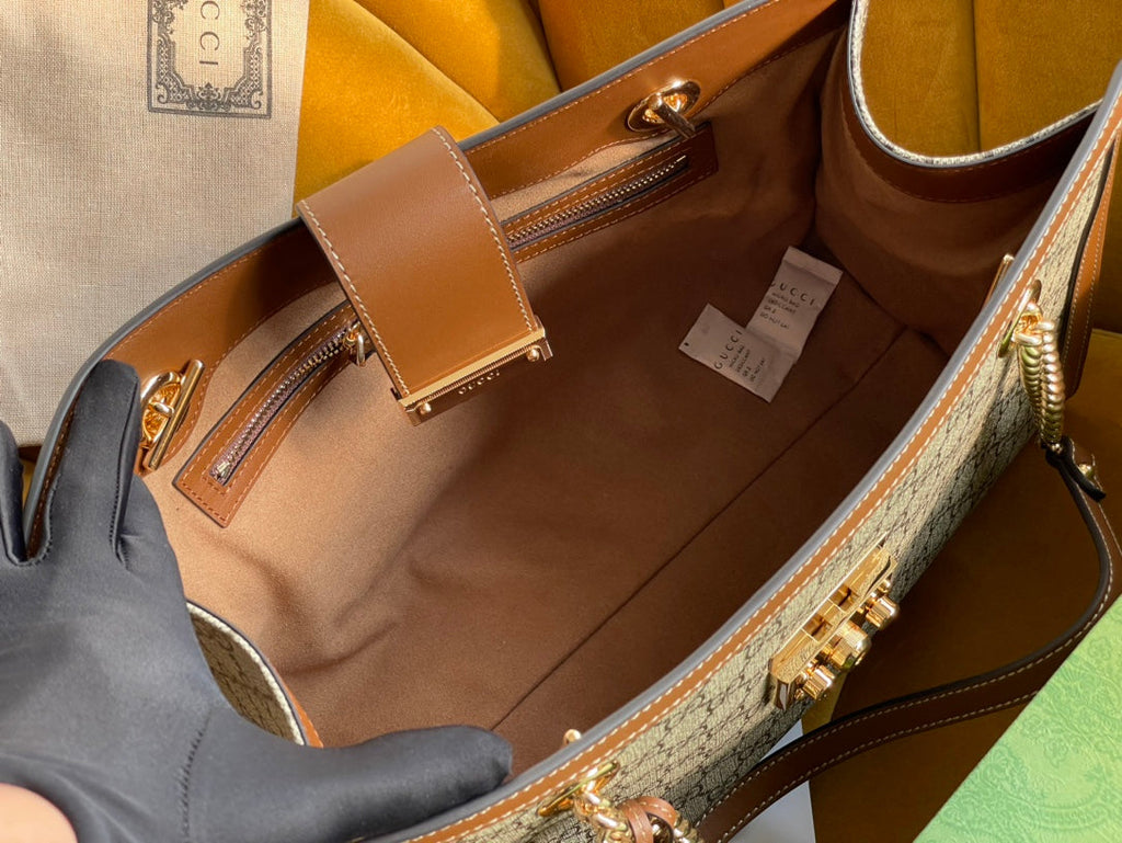 GG パドロック ラージ 35 ショルダーバッグ ベージュ キャンバス＆ブラウン カーフスキン