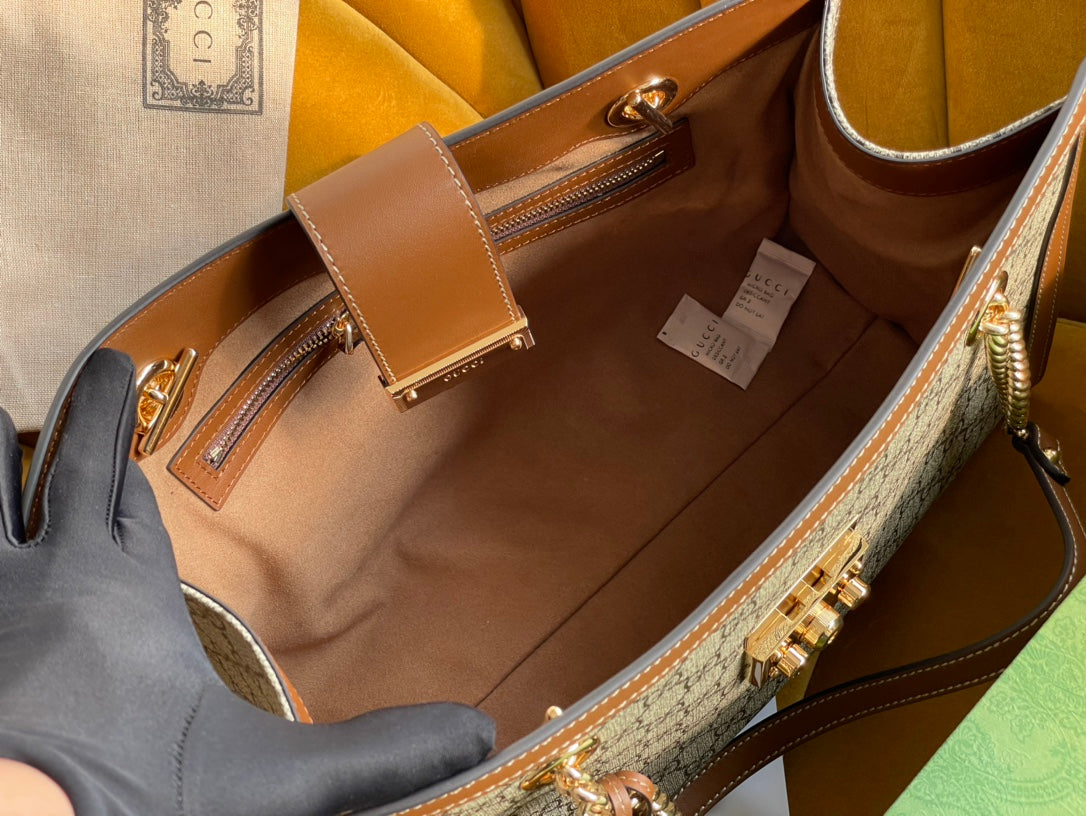 GG パドロック ラージ 35 ショルダーバッグ ベージュ キャンバス＆ブラウン カーフスキン