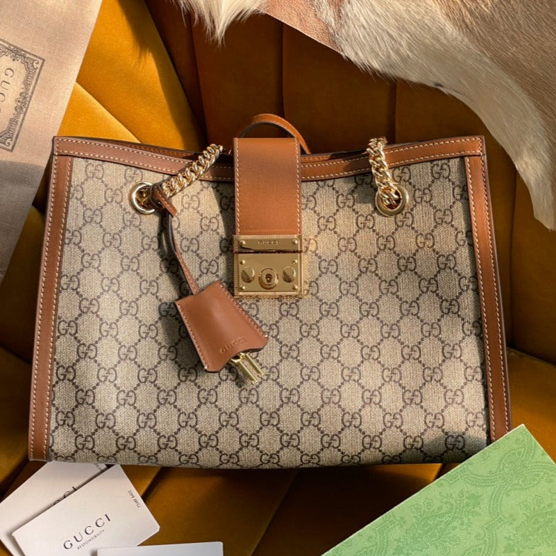 GG パドロック ラージ 35 ショルダーバッグ ベージュ キャンバス＆ブラウン カーフスキン