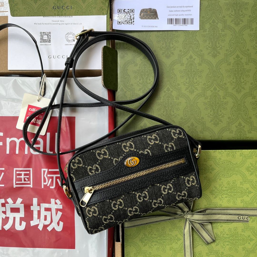 デニムショルダーバッグ 17 ブラック レザートリム付き