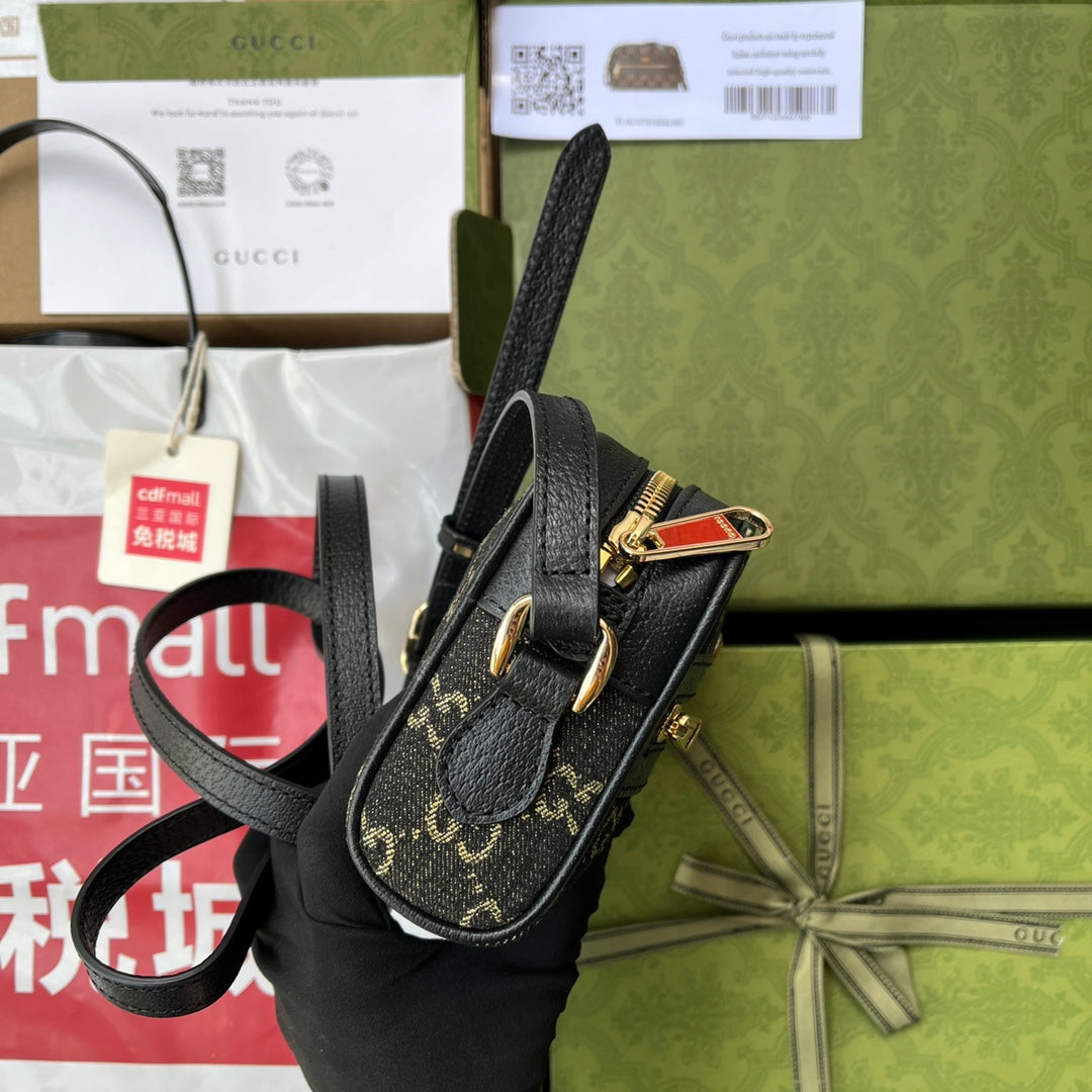 デニムショルダーバッグ 17 ブラック レザートリム付き