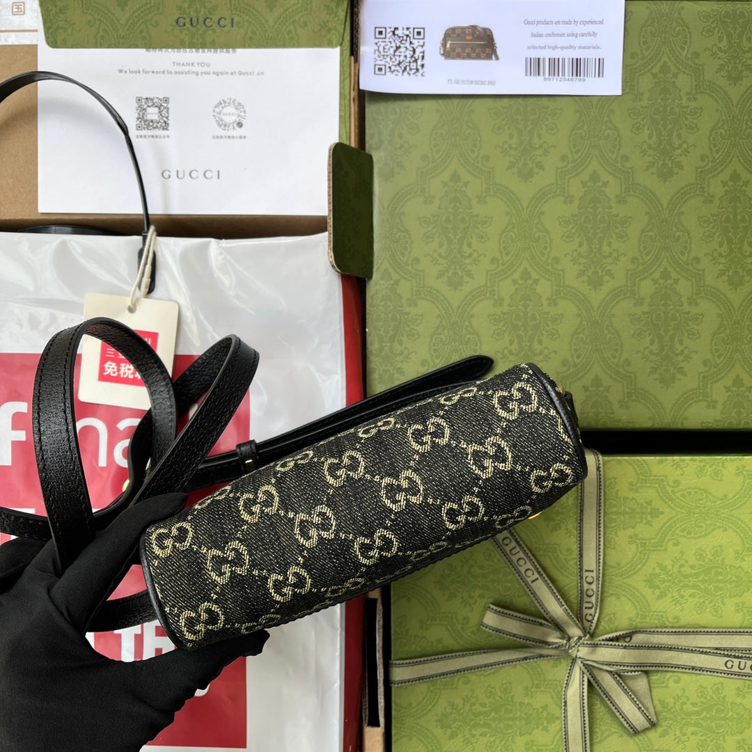 デニムショルダーバッグ 17 ブラック レザートリム付き