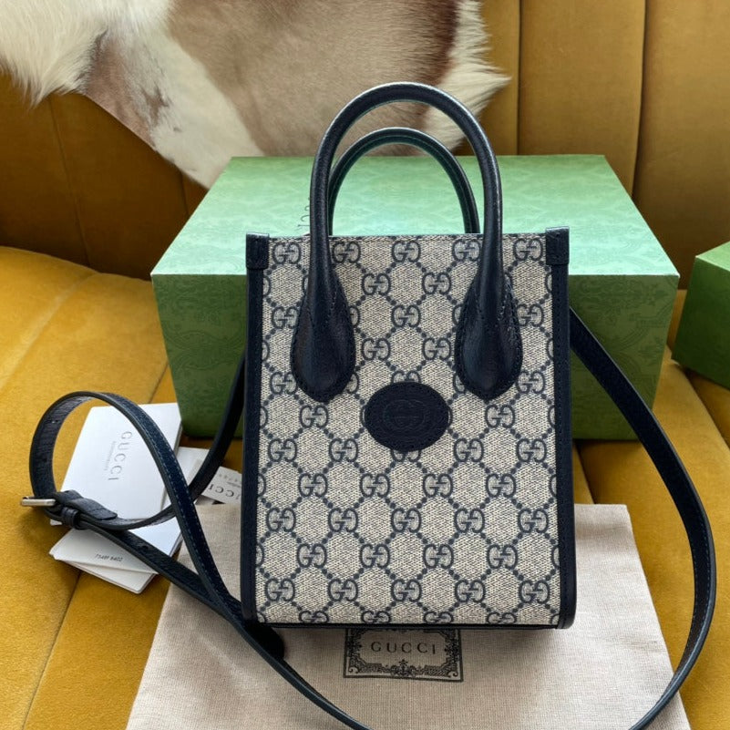 ベージュキャンバスとブラックカーフスキンのミニトート20バッグ