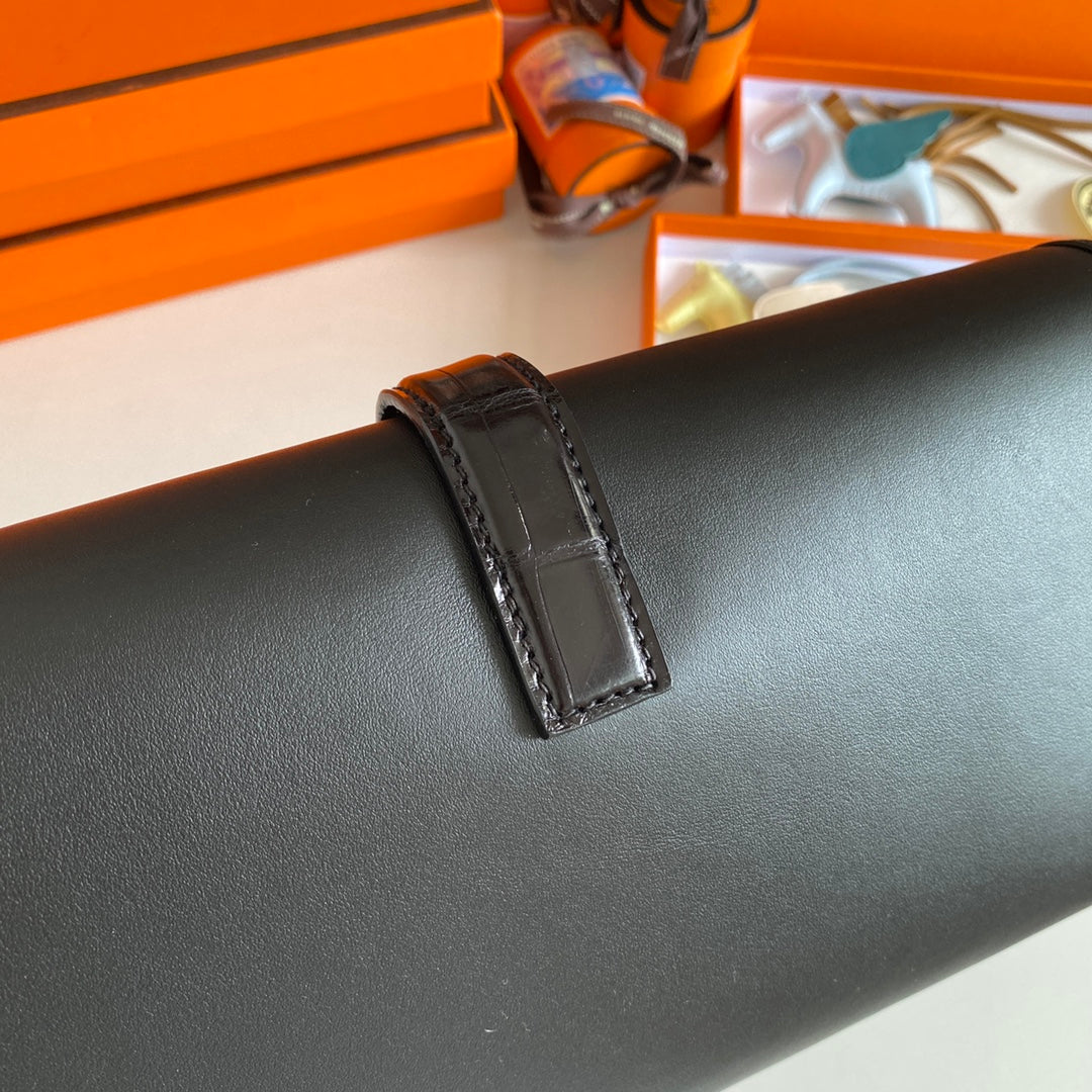 JIGE ELAN 29 CLUTCH IN BLACK CALFSKIN WITH LIZARD SKIN (MADE-TO-ODER)